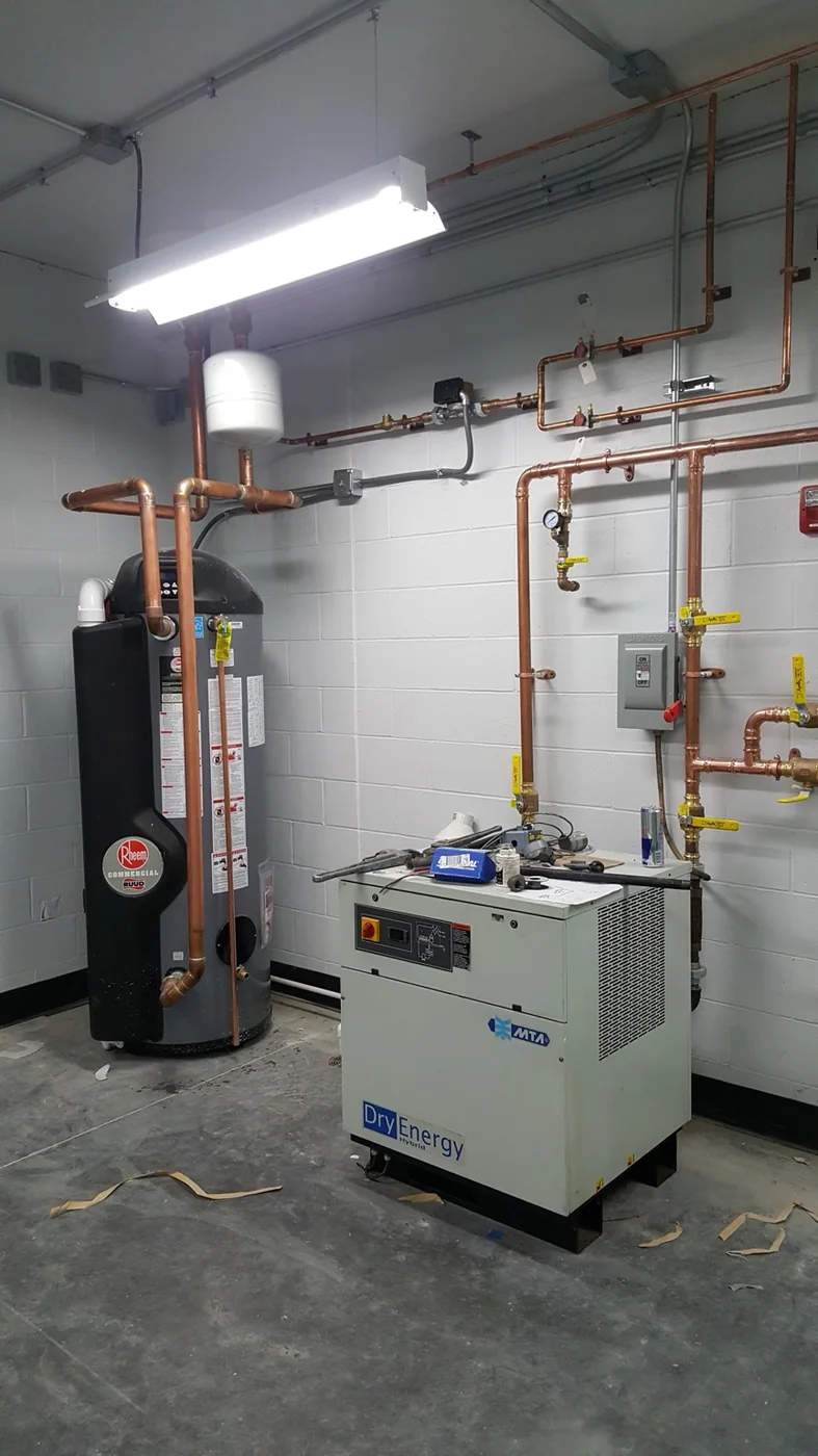 Commercial mechanical room with water heating equipment