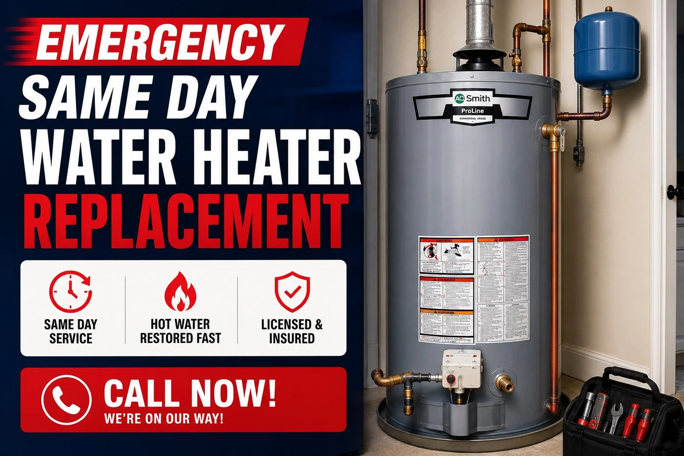Emergency same-day water heater replacement service graphic