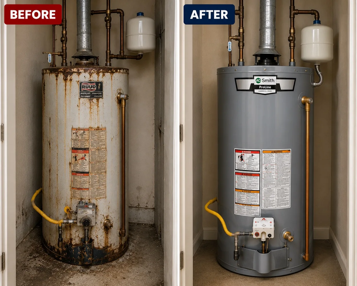 Before and after water heater replacement for Kansas service customers